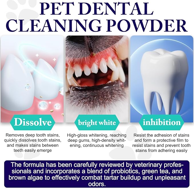 Dog Teeth Cleaning Powder - Dog Dental Powder - Dog Breath Freshener - Targets Tartar & Reduces Plaque & Bad Breath - Teeth Cleaning Made Easy Eliminate - Formulated for Small, Medium, Large Dogs