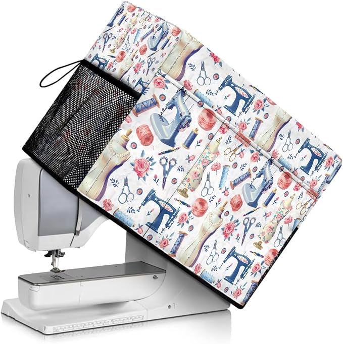 Sewing Themed Sewing Machine Cover with Storage Pockets,Dust & Pet Hair Protection,Fits Standard Singer, Brother and Janome Machines, Protecting & Decorating Your Sewing Space (White)