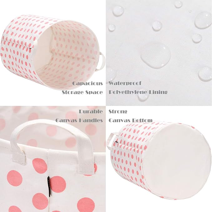 Sea Team Large Canvas Laundry Basket with Handles, Pink Dots | Collapsible Fabric Laundry Hamper, Closet Shelf Organizers, Containers for Clothing, Blankets, Toys, Bedding, 19.7 x 15.7”
