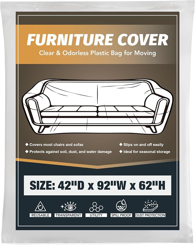 Clear Plastic Moving Sofa Couch Furniture Storage Covers | Extra Large 92x 62 x 42 Inch Moving Bags, With Label, Waterproof, Dust Proof
