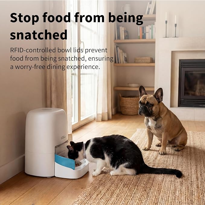 HoneyGuaridan RFID Automatic Cat Feeder with Collar Tag-Activated Personalized Meal, 5G WiFi APP Control Cat Food Dispenser with Diet Tracking and Anti-Theft for Multi Pet Home and Different Diet