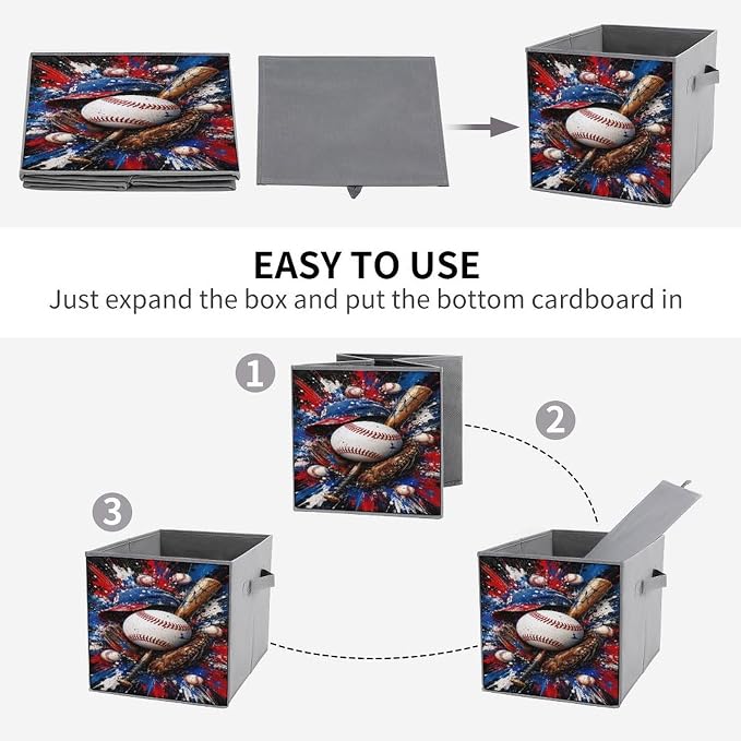 Baseball Bat Ball Glove Hat Storage Bin with Handles, Oxford Fabric Foldable Storage Cube Organizer for Clothes, Towels, Bedroom, Living Room, Home Organization
