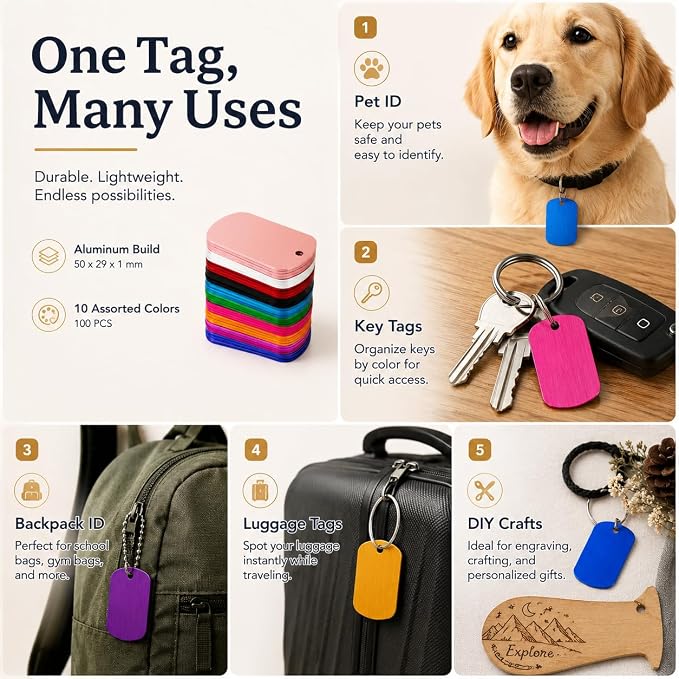 100 Pack Blank Dog Tags, Aluminum Dog Tag Blanks | 1.97 x 1.14 in Metal Stamping Blanks with Hole for Engraving, Pet Tags and DIY Crafts, 10 Colors