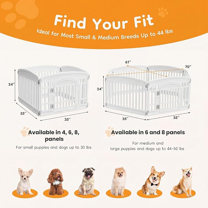NEWBULIG 24 Inch 4 Panels Dog Playpen, Plastic Pet Play Pen Fence | Portable, Secure Locking Door, Indoor Outdoor Yard RV Camping, Small Medium Dogs, White