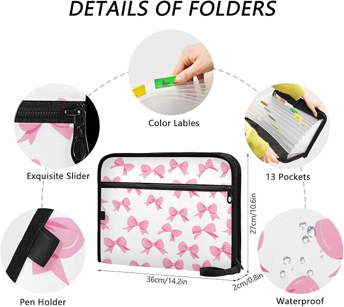 Pink Bow White Background Pattern 13 Pocket File Organizer Expanding File Folder with Front Pouch Portable Business File Storage Document Organizer Folder with Zipper