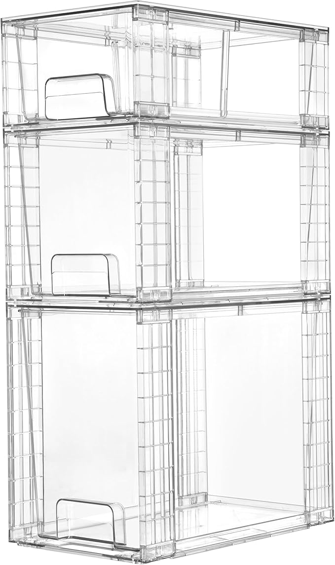 Vtopmart 3 Pack Clear Stackable Storage Drawers,Easy to Assemble Bathroom Organizers and Storage with handles,Plastic Drawers for Kitchen Pantry,Cabinet,Under Sink Organization | Tall, Medium and Small Pull-Out PET Drawers with Stackable Design for Bat...