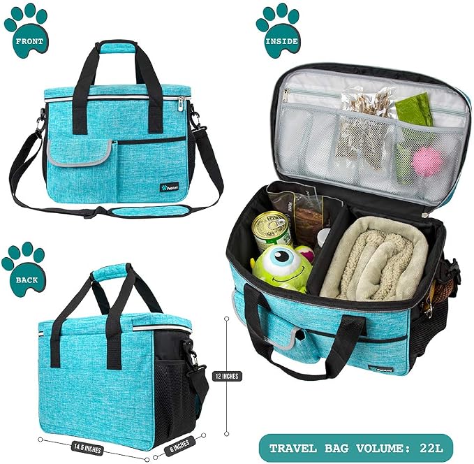 PetAmi Dog Travel Bag Organizer, Pet Supplies Diaper Tote, Teal Blue Medium | Pet Travel Kit with 2 Food Containers & 2 Collapsible Dog Bowls, Luggage Sleeve, Weekend Getaway Road Trip Camping Essentials