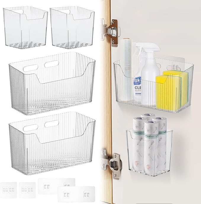 4 PCS Adhesive Cabinet Door Organizer, 2 Size Wall Mounted Inside Cabinet Storage Caddy, Under Sink Door Storage Shelf for Kitchen Bathroom Office