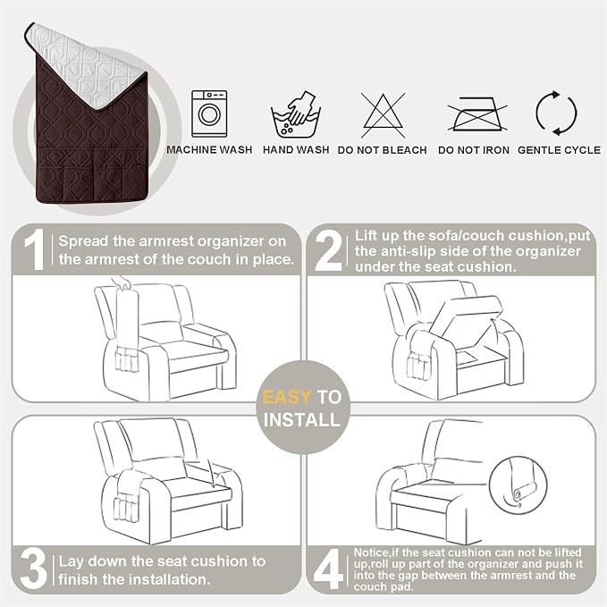 Recliner Armrest Cover with Headrest, Chair Armrest Slipcover with Side Pockets, Water-Resistant, Non Slip Furniture Protector for Pets (Coffee,2 Seater 4PCS)