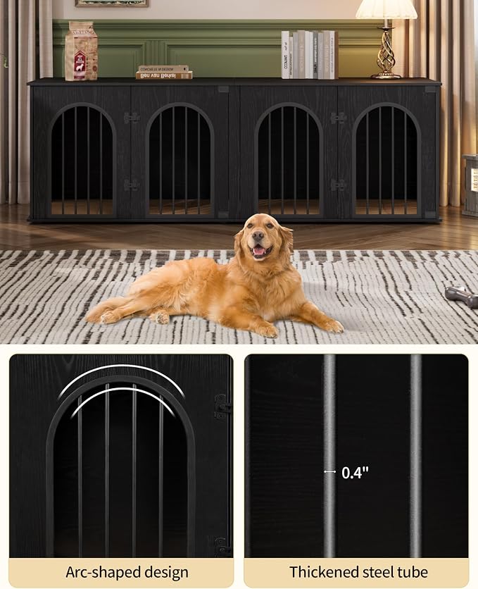Hzuaneri 70.9" Double Dog Crate Furniture, Dog Kennel Indoor with Cushion | Heavy Duty Dog Crate Furniture for 2 Dogs,Dog Cage End Table TV Stand with Divider for Med-Large Dogs,Black DFC81904B