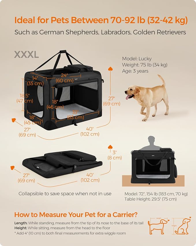 Feandrea Collapsible Soft Dog Crate, Portable Travel, 40 Inches | Dog Carrier Kennel with Safety Zippers for Living Room, Car, Travelling, Black UPDC10H
