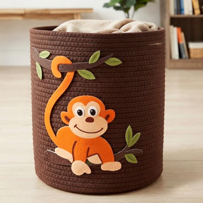Animal Basket for Nursery Storage, Woven Cotton Rope Bin with Monkey Design, Cutout Handles, Baby-Safe Kids Toy Organizer for Stuffed Animals, Laundry Hamper, Foldable & Washable (Monkey)