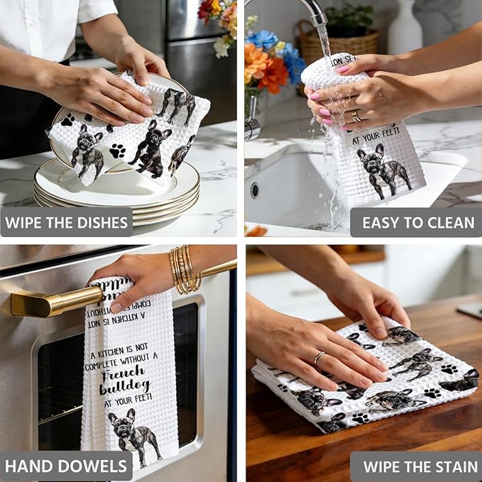 French Bulldog Waffle Weave Kitchen Towels, Quick Dry Multipurpose Hand Towels for Bathroom, Absorbent Reusable Cloth Tea Dish Towels for Home Decor, Dog Lover Gift Towel Set of 2