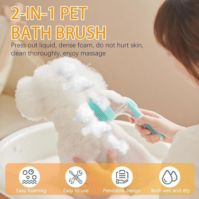 7 PCS Pet Bath Brush Set, Dog Bath Brush with Shampoo Dispenser, Cat Chin Cleaning Brush, Dog Toothbrush, Adjustable Glove Massage Brush, Pet Scrubber for Bathing Long Short Haired Dogs Cats (Green)