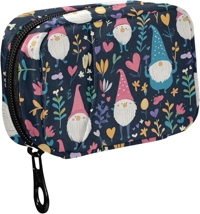 Fustylead Cute Gnome Hearts and Flowers Travel Pill Organizer Bag with Zipper Small Pill Box 7 Day Pill Case for Purse Storage Weekly Vitamin Medicine Supplement