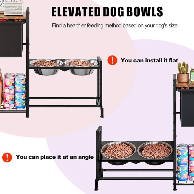 INGIORDAR Elevated Dog Bowls Stand Adjustable Raised Station Toy Bin Basket | Metal Pet Food Feeder Dish Station Non-Slip Dog Bowl Stand Stainless Steel Food Water Bowl for Medium Large Small Dogs