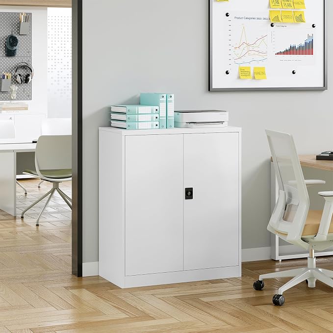 Metal Storage Cabinet, Lockable Storage Cabinet with 2 Doors and Shelves, Metal Cabinet with Lock, Small Lockable for Home Office(White)