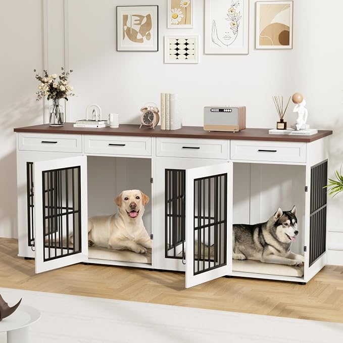 VOWNER 87" Dog Crate Furniture for 2 Dogs, Double Dog Cage Furniture, White | Extra Large Wooden Dog Kennel with 4 Drawer, Removable Divider, Furniture-Style TV Stand, XXL Dog Crate for Large Medium Dogs