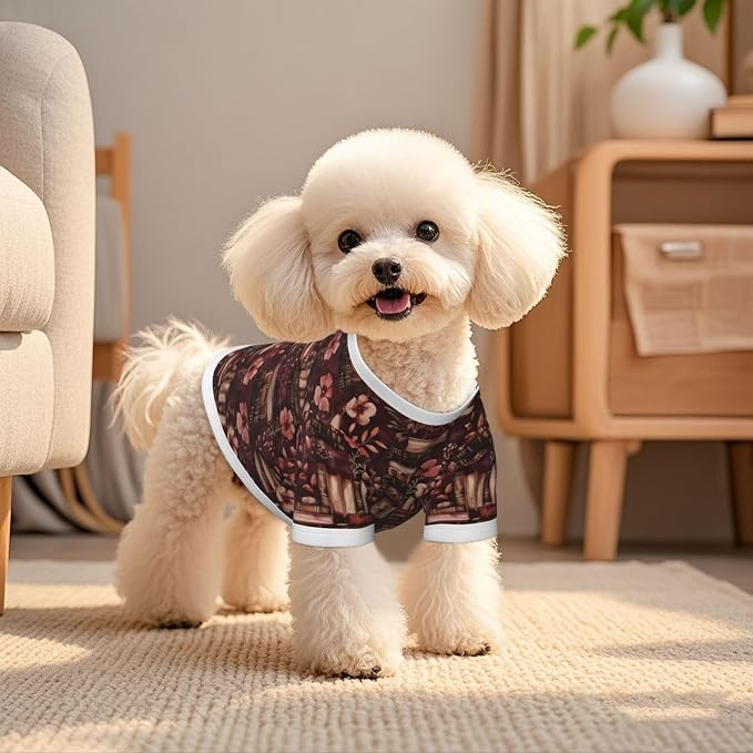 Vintage Floral Bookshelf Dog T Shirt Dogs Cats Cotton Shirts Short Sleeve Clothes Soft Stretchy Pet Costume Doggy Outfit Pullover Jumper Puppy Sweatshirt Large