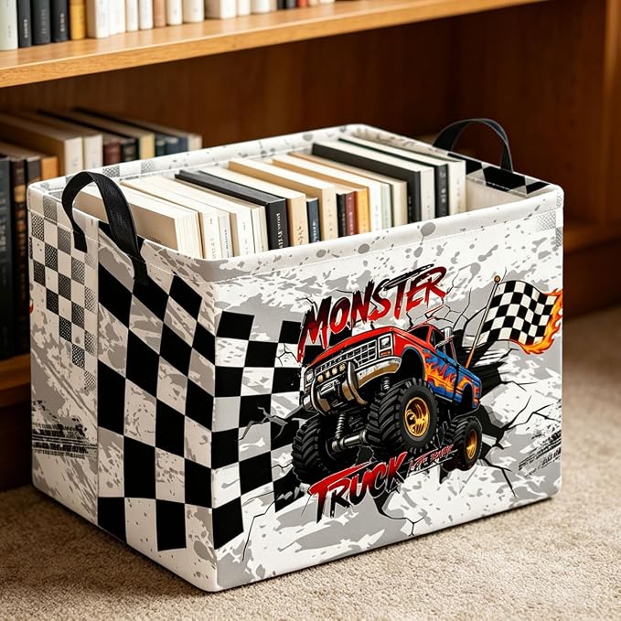 Rectangle Storage Basket with Handles,Collapsible Storage Bin,Books Box,Gift Basket(Black Race Car)
