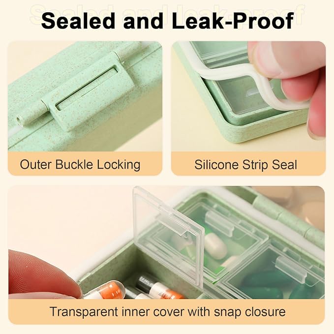 Portable Travel Pill Organizer, 9 Compartments Personal Pill Case | Made from Wheat-Straw Fiber, Daily Small Vitamin Box Dispenser for Pocket Purse, to Hold DHA Supplements Fish Oils, Green