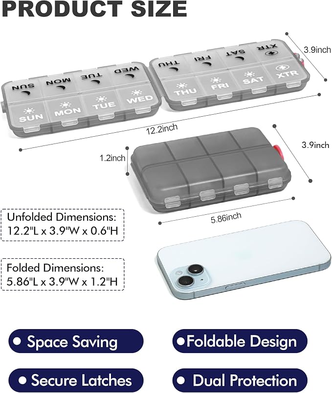 Pill Organizer Travel Medicine Organizer - Weekly Pill Organizer with 2 Extra Compartments, Clear Printed Labels, AM PM Pill Dispenser