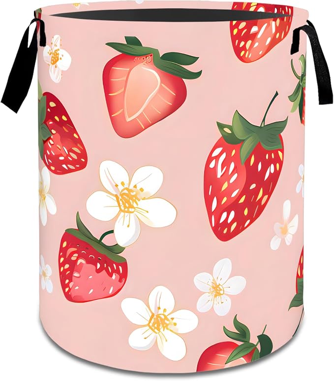 Fresh Strawberry Laundry Basket,Dirty Clothes Hamper,Red Fruit and Floral Storage Bin Gifts,Foldable Waterproof Oxford Cloth Baskets for Bathroom,Bedroom,Sweet Home Decoration(19.7" x 15.7")