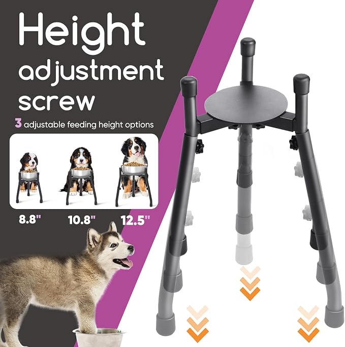 Adjustable Raised Dog Bowl Stand with Spill Mat, Bowl Not Included | Metal feeder for medium and large dogs, 3 heights from 8.8 to 12.5 inches, adjustable 6.3-10.2 inch width
