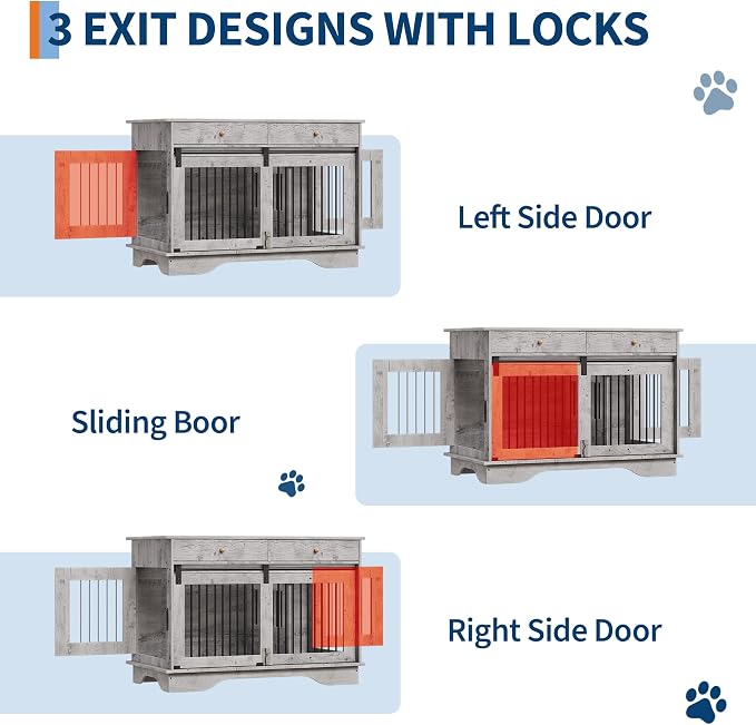 GarveeHome 47" Dog Crate Furniture for 2 Dogs, Double Dog Kennel with Removable Divider & 2 Drawers, Decorative TV Stand Side Table, Indoor Pet Cage for Large/Medium/Small Dogs, White