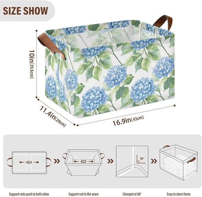 Watercolor Blue Hydrangea Flowers Storage Bins for Shelves with Labels&Handles Fabric Organizer Bin Foldable Rectangle Storage Basket Boxes for Closet, Bathroom, Home, Living Room