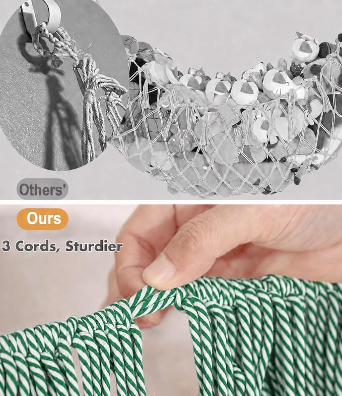 Stuffed Animal Hammock - Extra Large 63'' Long (Green-White) | Premium Cotton Hand-knitted, Beautiful Long Tassel, Storage Hanging Organizer, Can Fit Stuffed Animals 40 Piece or More