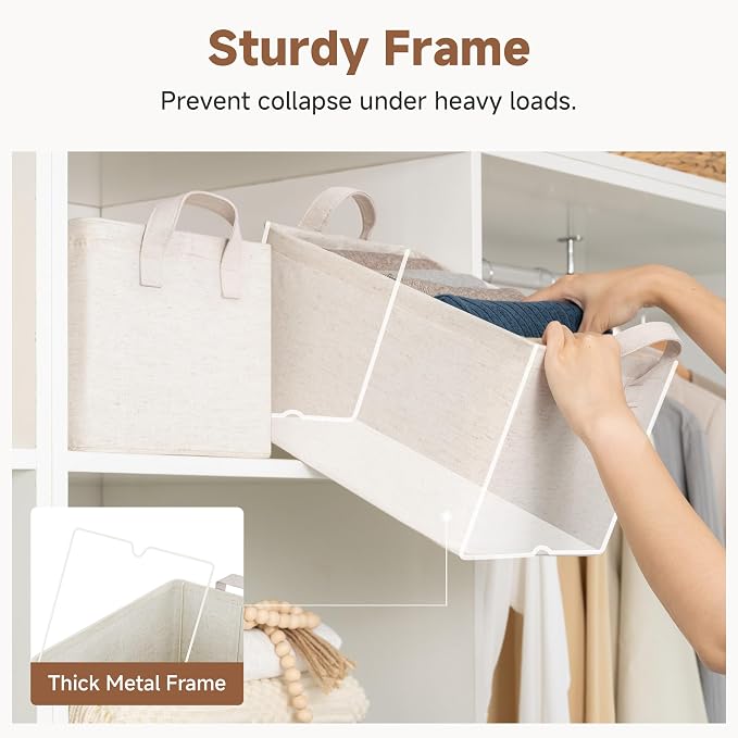StorageWorks Fabric Storage Bins, Linen Closet Organizers, Beige, 2-Pack | With Reinforced PU Handles, Metal Frame, Sturdy Structure, Collapsible, for Closet, Shelves, Holds Clothes, Towels, Blankets