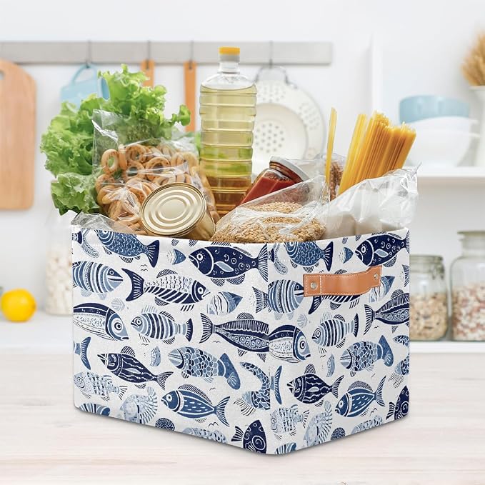Ethnic Sea Fish Rectangular Storage Bin Collapsible Storage Basket Organizer Boxes with Leather Handle Storage Cube for Shelves Toy Laundry Nursery 1 PC