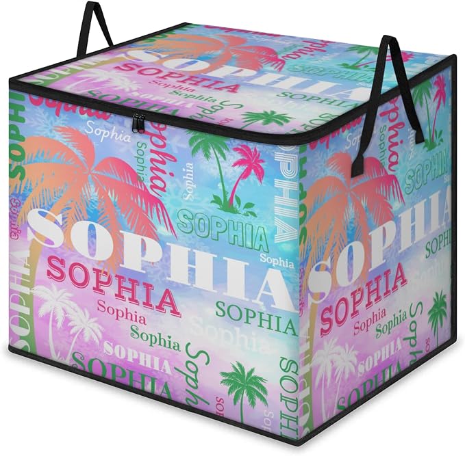 Personalized Extra Large Storage Bins with Lid, Customized Name Painted Blue Pink Green Tropical Palm Trees Storage Basket Rectangle Clothes Organizer for Organizing Kids and Pets Toys Shelf Closet