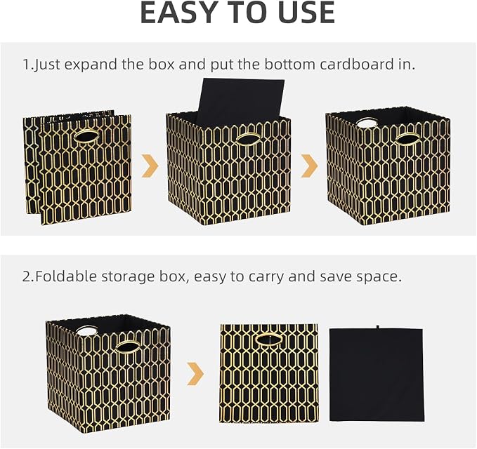 Posprica 11x11x11 Foldable Fabric Storage Cube Organizer Bins Cubby Baskets | Fabric Cubes 11×11 Collapsible Box with Handles Black Gold Geometric Pattern, 4 Pack