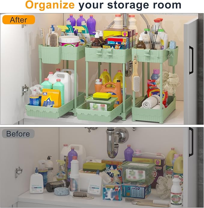 3-Pack 2-Tier Under Sink Organizers with Sliding Drawers | Multi-use kitchen & bathroom storage, 12.8 inch green cabinet organizer, space-saving sliding drawer design.