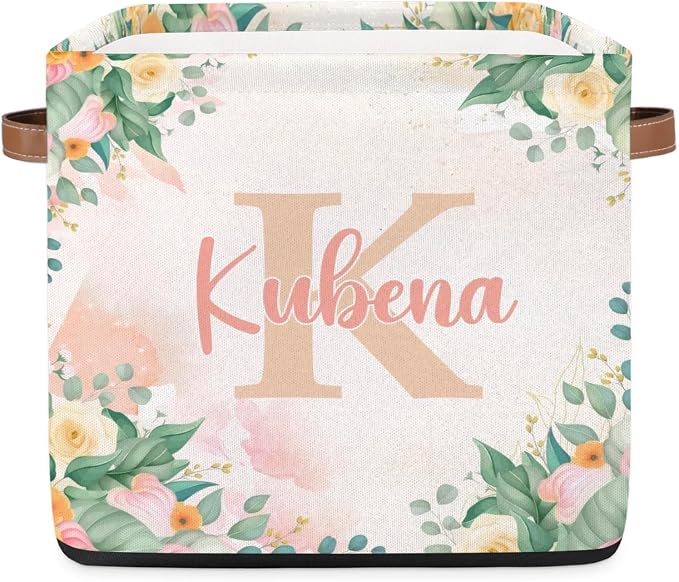 Personalized Name-Initial Pink Flower Storage Baskets for Girls Women, Custom Portable Square Storage Bins with Handles Foldable Organizer for Clothes, Toys, Blanket, Towel,Pet 13”
