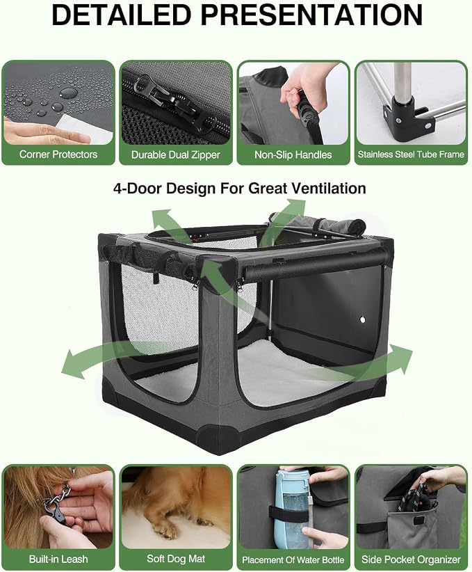 Veraste 24" Soft Collapsible Travel Dog Crate for Small Medium Pets,Grey | 4-Door Foldable Travel Crate,breathable mesh, foldable with storage bag
