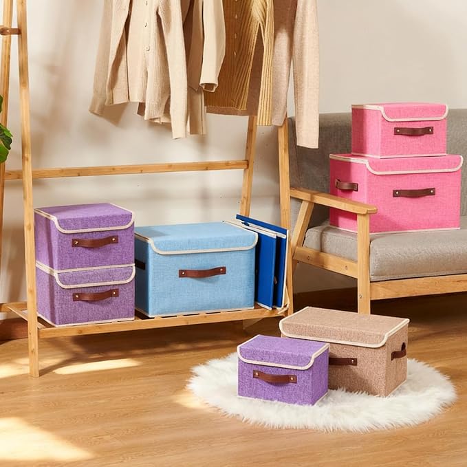 2PCS Storage Boxes with Lids Cotton Linen Fabric Bins Baskets | Decorative Collapsible Washable, Clothes Container Organizer for Closet Shelf, w/ Faux Leather Handles, Light Blue, Large