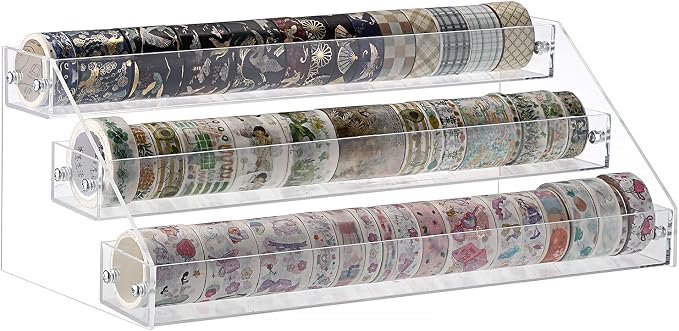BTSKY 3 Tier Washi Tape Organizer - Clear Plastic Washi Tape Storage Rack, Assembly Washi Tape Storage Holder Washi Tape Dispenser Desk Accessories Display Caddy for Scrapbooking Art Craft Supplies