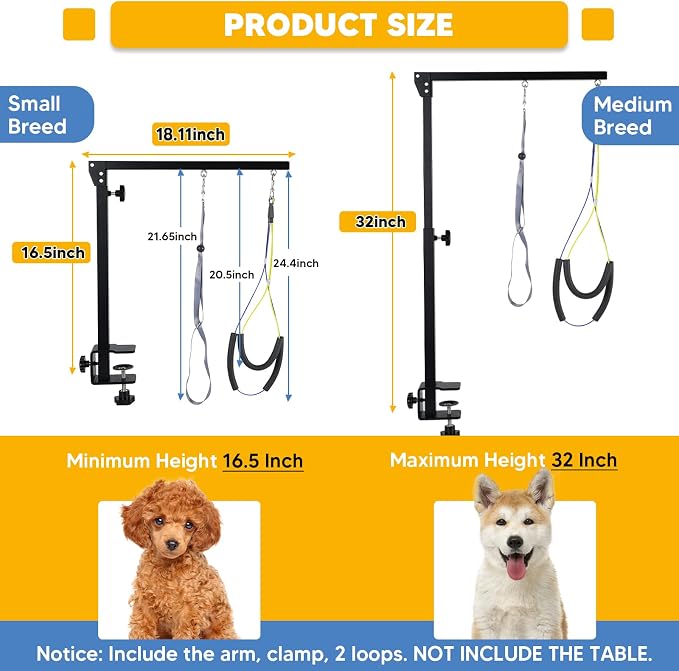 Adjustable Dog Grooming Arms for Small Medium Dogs | Anti-Slip Powerful Metal Clamp, Portable for Table, 1 Loop Noose, Two No Sit Haunch Holder, Grooming Restraint for Home