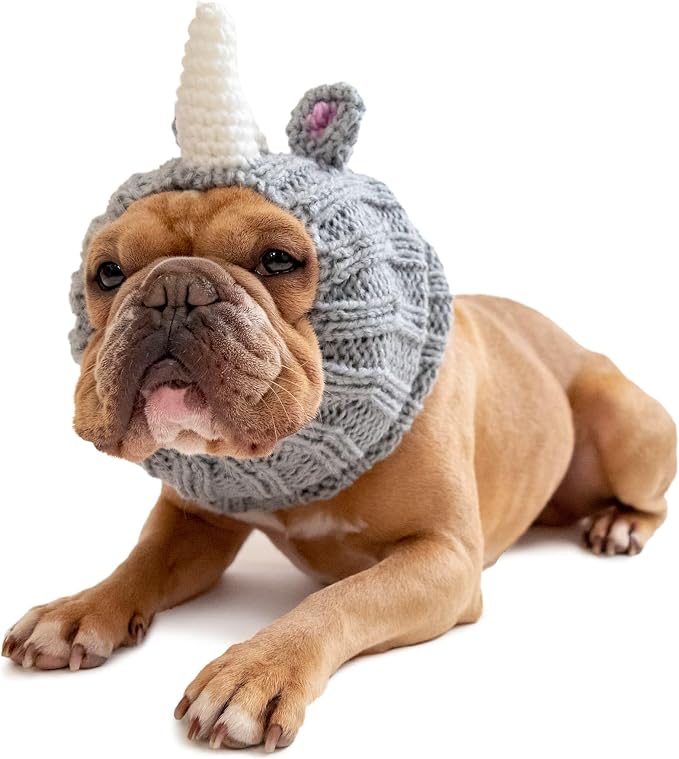 Zoo Snoods Rhino Costume - Knit Dog Snood Ear Wrap for Pets, Warm Neck Cover for Halloween and Winter (Medium)