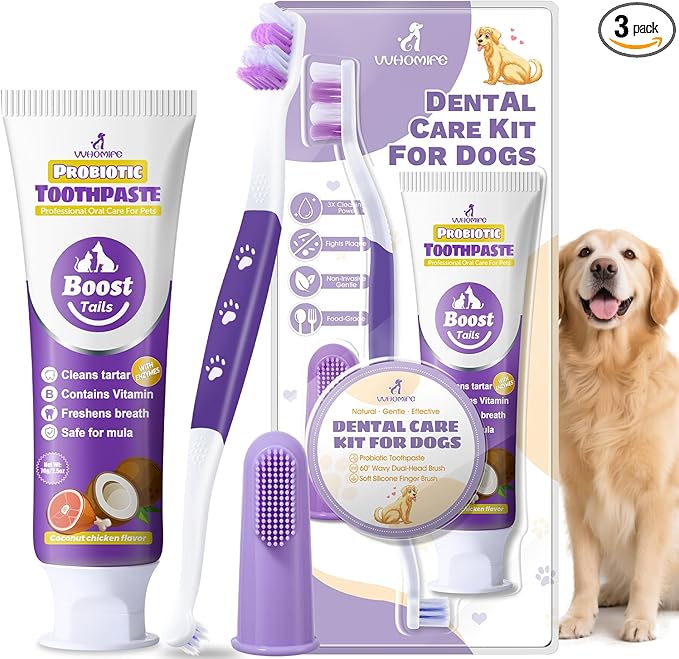 Premium Dog Oral Care Kit - Natural Coconut Chicken Flavored Toothpaste,Dual Head Toothbrush and Finger Toothbrush for Dogs,Plaque Prevention,Tartar Control.2.46oz(Pack of 1)