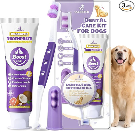 Premium Dog Oral Care Kit - Natural Coconut Chicken Flavored Toothpaste,Dual Head Toothbrush and Finger Toothbrush for Dogs,Plaque Prevention,Tartar Control.2.46oz(Pack of 1)