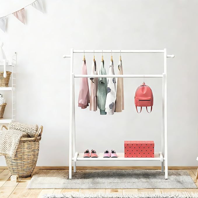 BAMBOOHOMIE Kids Clothing Rack, Small Clothes Rack for Toddler Pets, Kids Dress Up Rack with Storage Shelf & Double Rods, Foldable Kids Clothes Rack for Nursery Child's Room (Regular Size - White)