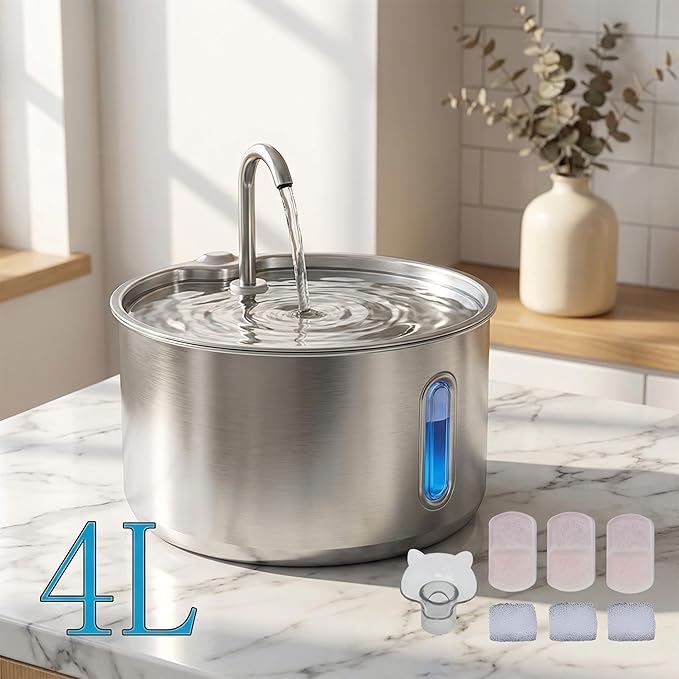 Stainless Steel Cat Water Fountain, 135oz/4L Automatic Pet Water Dispenser with 3 Filters & 2 Water Outlets, Quiet Indoor Drinking Fountain for Cats Small Dogs, Water Level Window