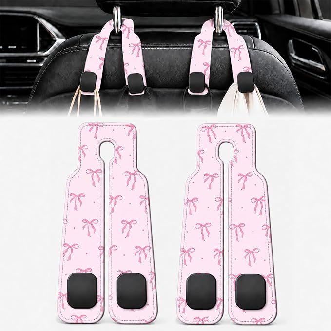 2 Pack Pink Bow Car Headrest Hooks for Purse Bag Seat Back Hanger | Pink Bow Coquette Car Accessories Metal Hook,Girly Gifts for Women,PU Leather Double Hook for Backseat Organizer