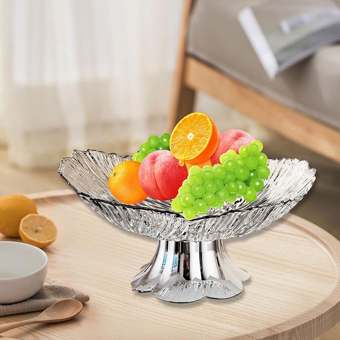 Pedestal Fruit Bowl, Snack Storage Holder, Fruit Tray, Dessert Display Stand, Decorative for Living Room Kitchen Home, E with Silver Base, White