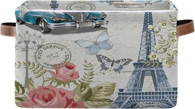 AUUXVA Storage Basket Vintage Paris Eiffel Tower Rose Flower Old Car Storage Cube Box Durable Canvas Collapsible Toy Basket Organizer Bin with Handles for Shelf Closet Bedroom Home Office