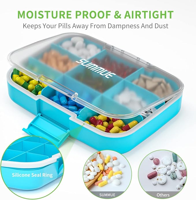 Large Pill Organizer, 9 Compartments Portable Travel Pill Box Case Moisture Proof, XL Pill Container Holder for Vitamins, Cod Liver Oil, Supplements, Medication (Blue)